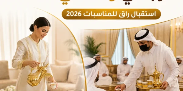 فريق ضيافة رجالي ونسائي يقدم القهوة العربية والتمر داخل مجلس كويتي فاخر خلال مناسبة خاصة.